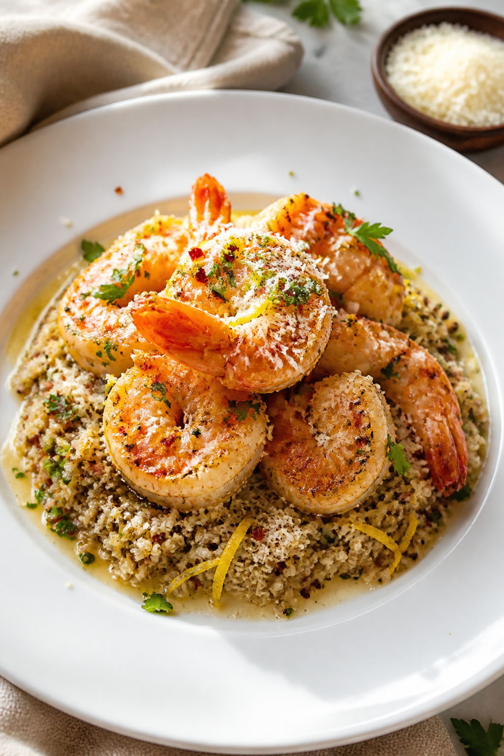 Final plated dish: Restaurant-quality presentation of garlic parmesan shrimp over quinoa on a wide w