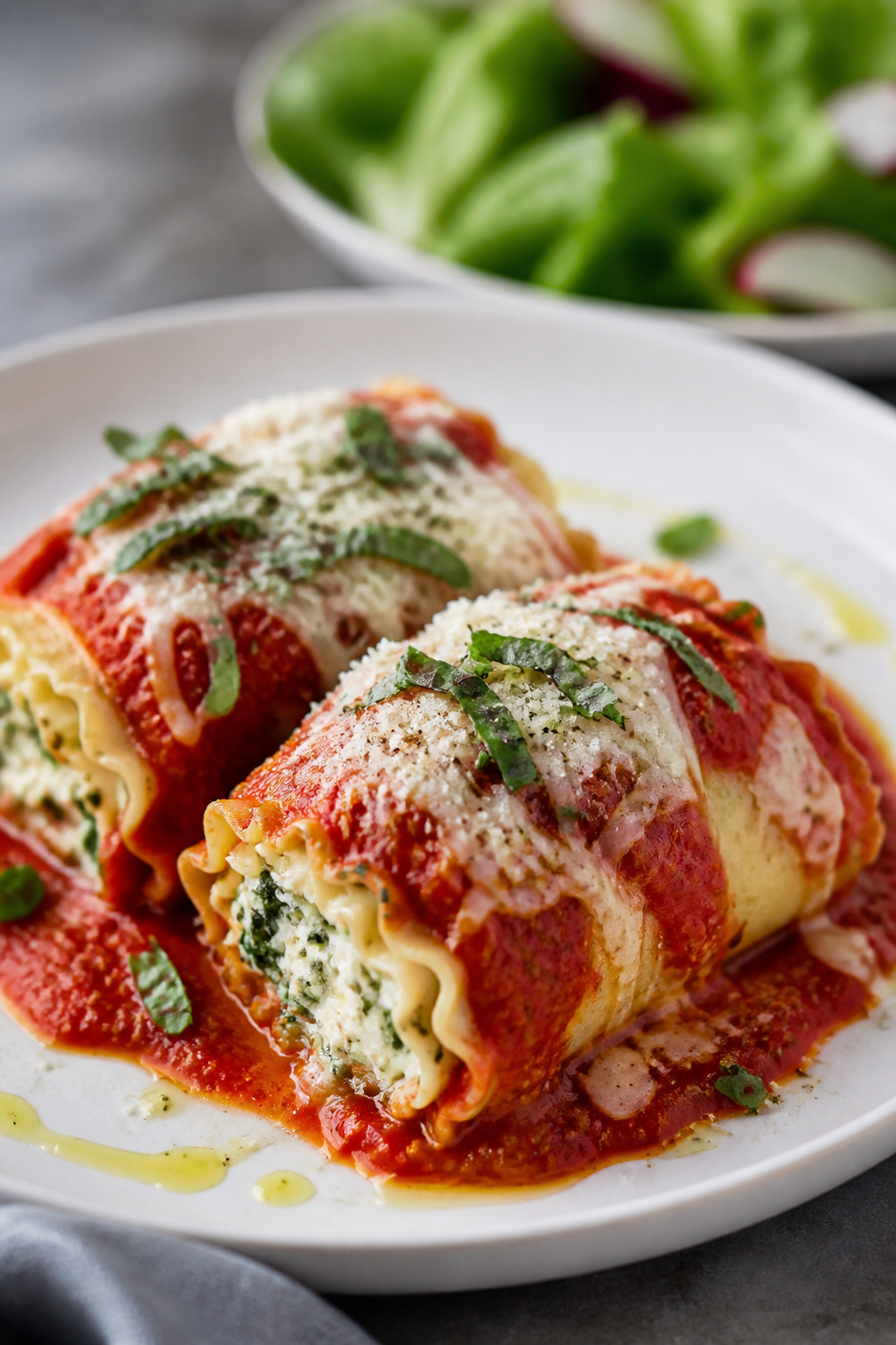 Final plated dish: Restaurant-quality presentation of two baked cottage cheese lasagna rolls on a wi