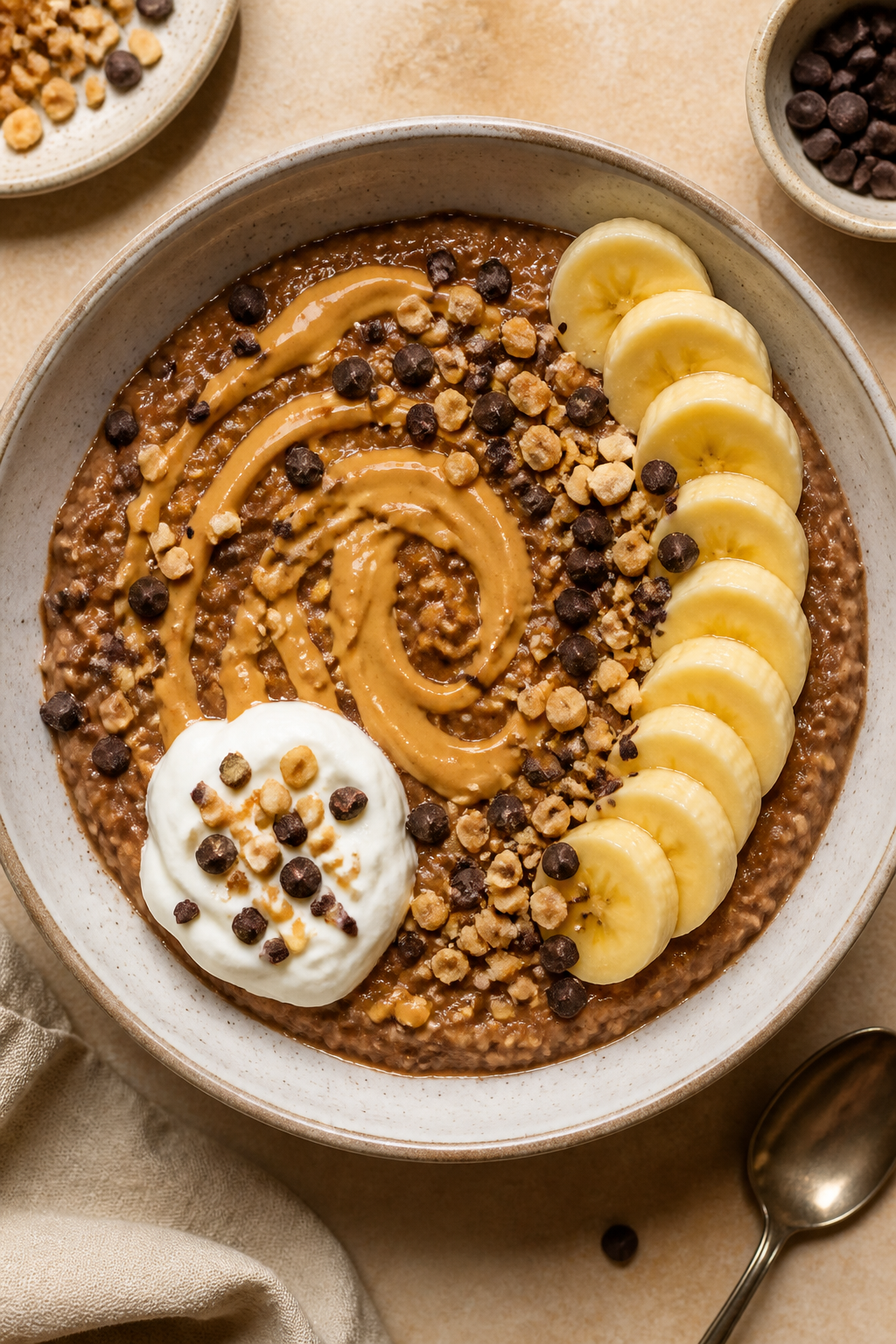 Final plated dish: Restaurant-quality presentation of peanut butter cup high-protein oatmeal in a wi