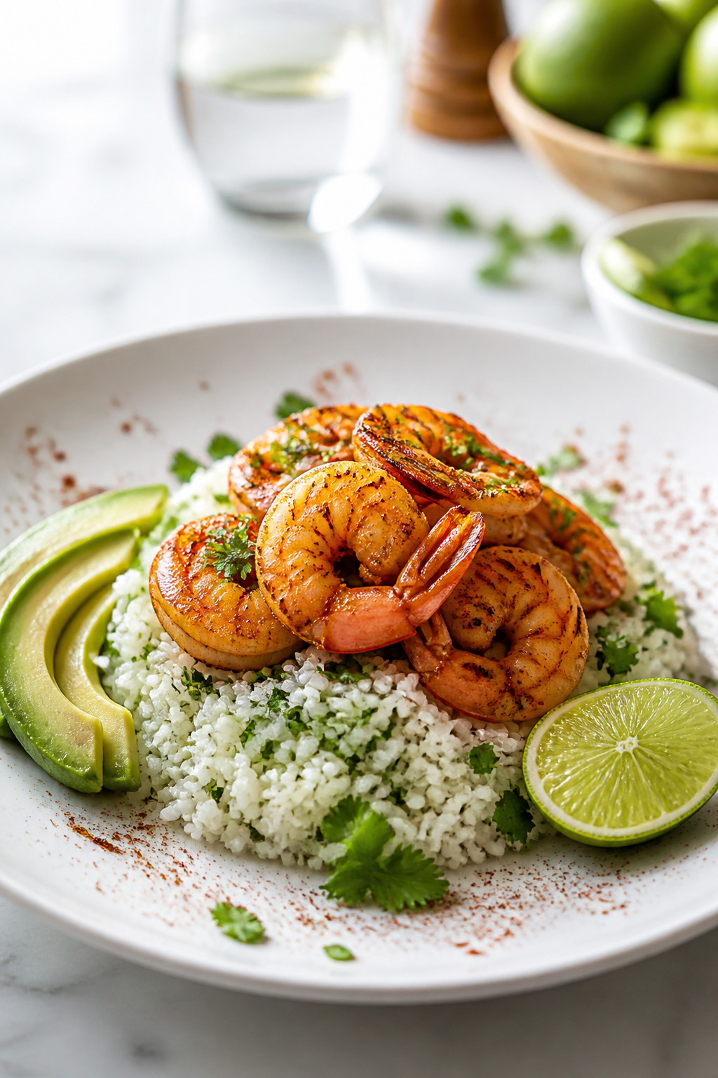 Final plated dish: Restaurant-quality presentation of chili lime shrimp with cilantro rice in a mode