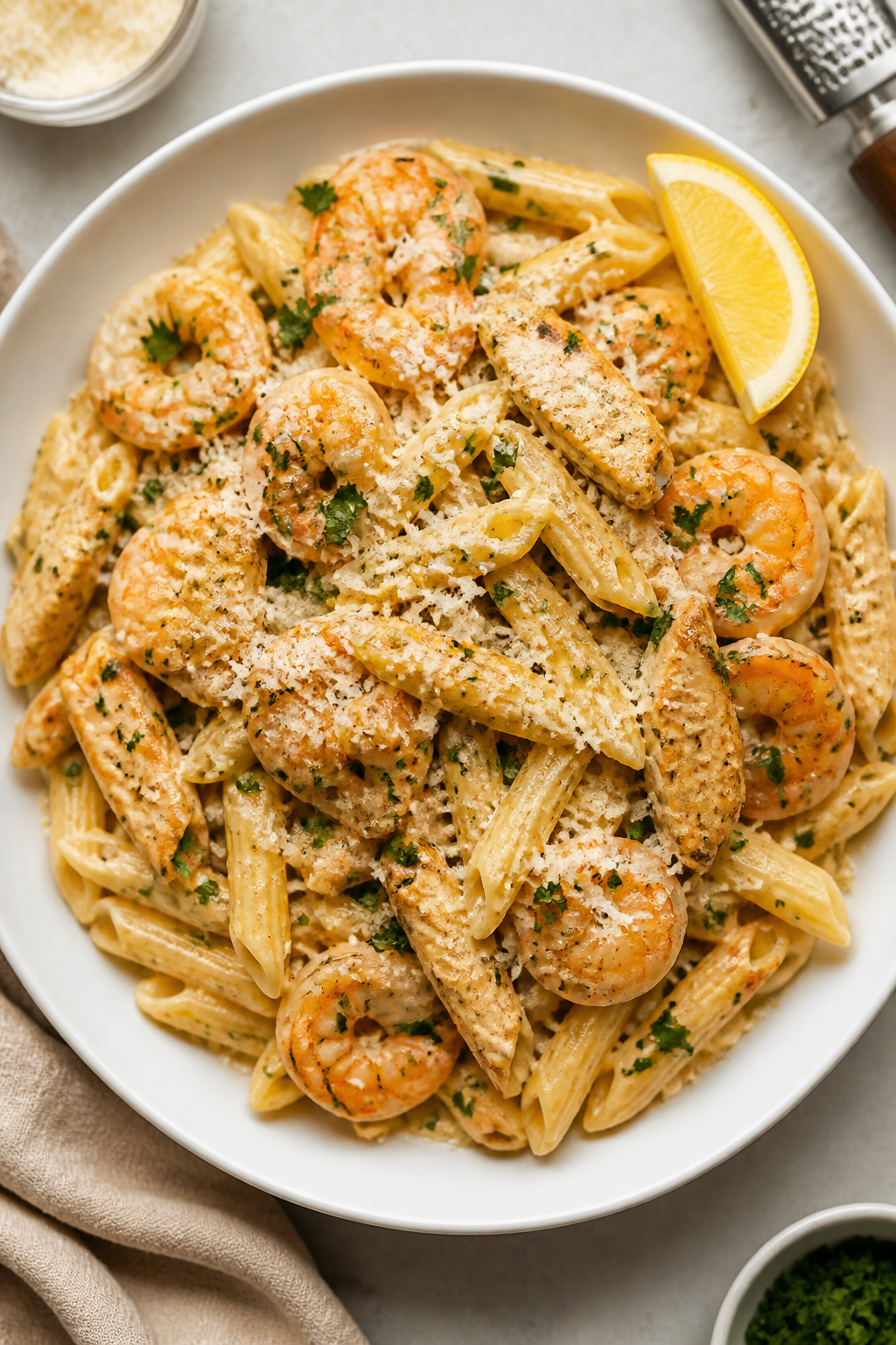 Final plated dish, restaurant-quality presentation: Creamy Garlic Shrimp & Protein Penne twirled hig