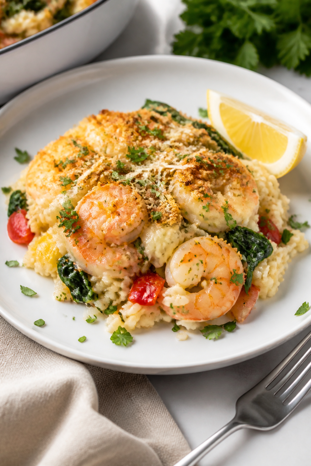Final plated dish: Restaurant-quality presentation of a hearty scoop of High Protein Shrimp & Rice C
