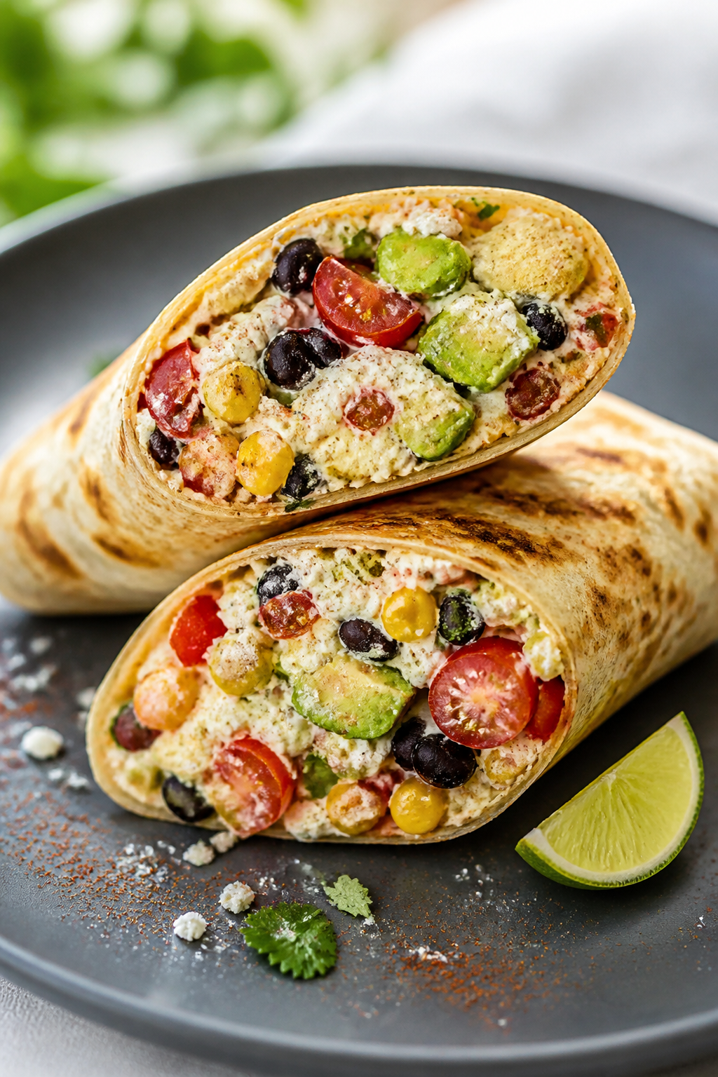 Final plated dish: Restaurant-quality presentation of the salad rolled into a warm tortilla wrap and