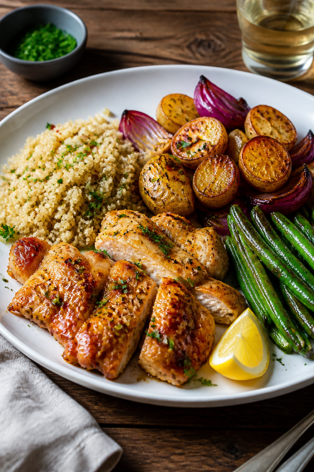 Final plated dish: Restaurant-quality presentation of honey mustard chicken with quinoa and roasted 