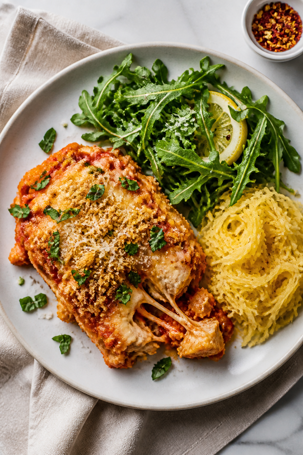 Final plated dish: Restaurant-quality presentation of a generous scoop of Chicken Parmesan Protein B