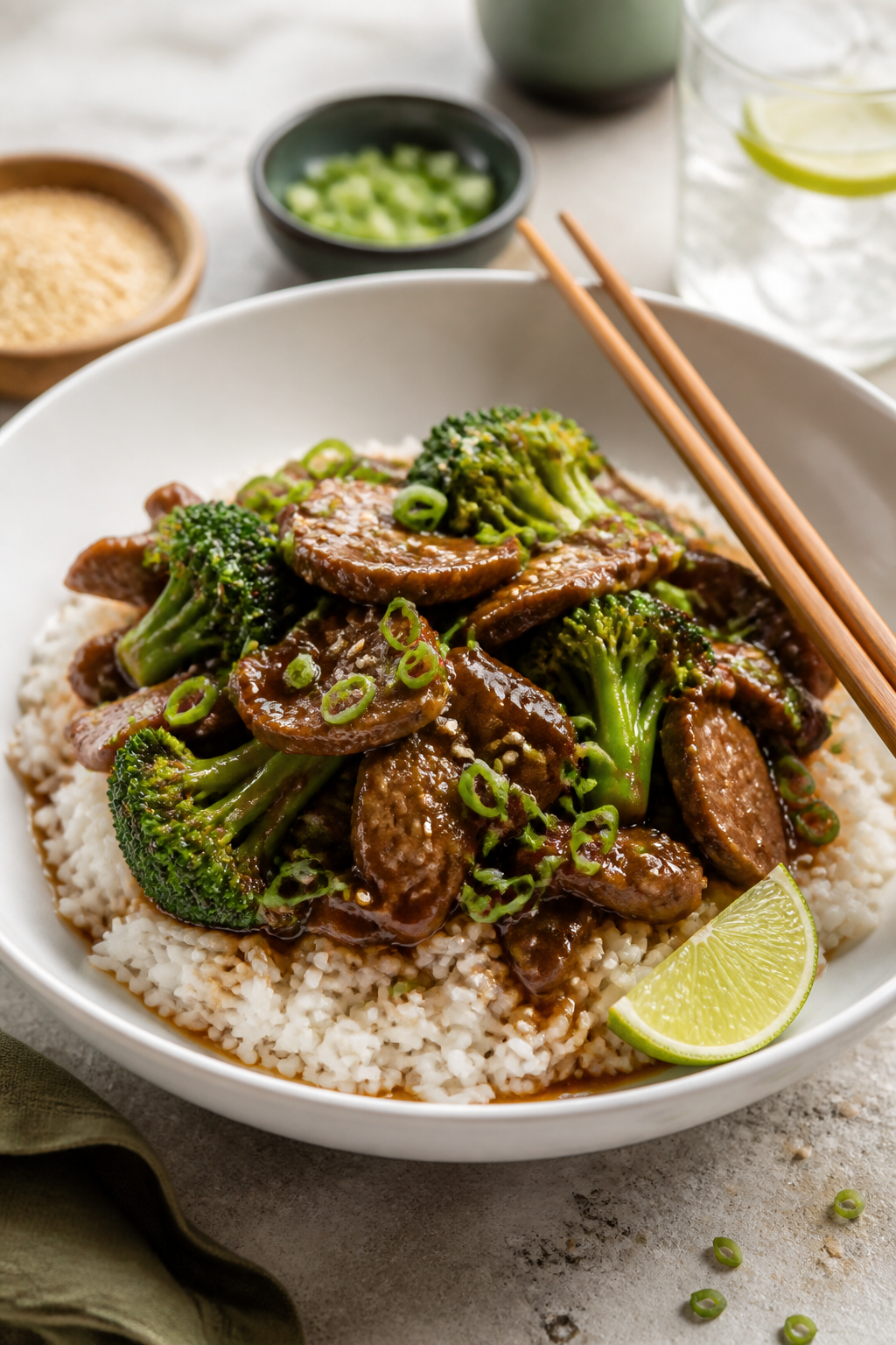 Final plated dish, restaurant-quality presentation: Beef & Broccoli served over fluffy jasmine rice 