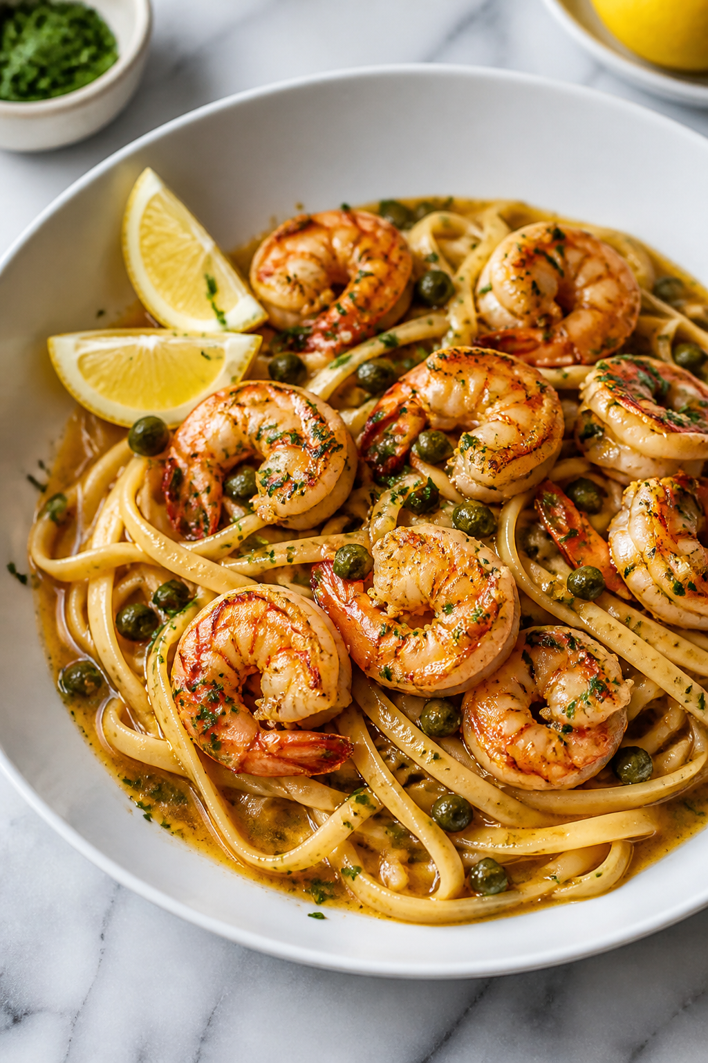 Final plated dish: Restaurant-quality presentation of lemon garlic shrimp over al dente linguine, sa
