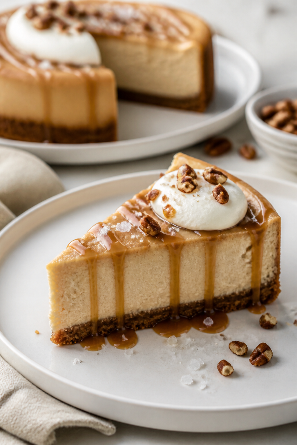 Final plated dish: Restaurant-quality slice of high protein salted caramel cheesecake on a matte whi