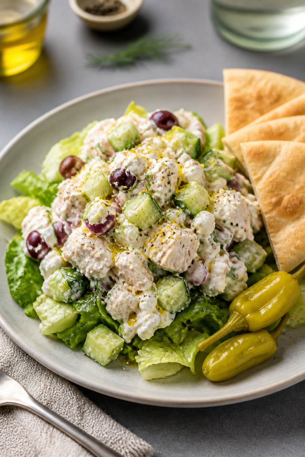 Final plated dish: Restaurant-style individual serving of Greek Chicken Cottage Cheese Salad mounded