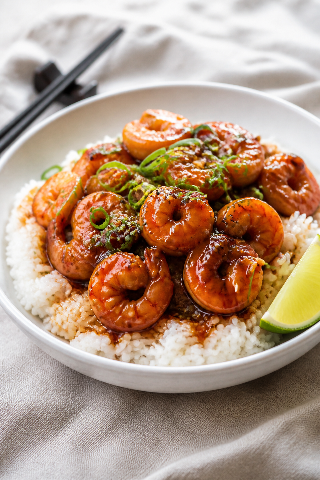 Final plated dish, : Sticky Honey Garlic Shrimp piled over fluffy jasmine rice in a wide, shallow wh