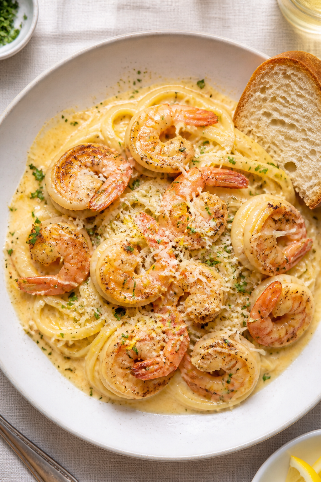 Final plated dish, top-down: Million Dollar Garlic Parmesan Shrimp over glossy linguine twirled into