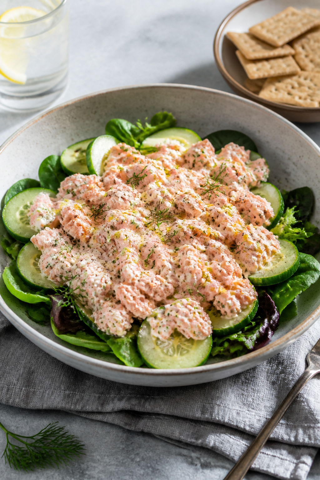 Final plated elegance: Beautifully plated Creamy Dill Salmon Salad in a shallow ceramic bowl over mi