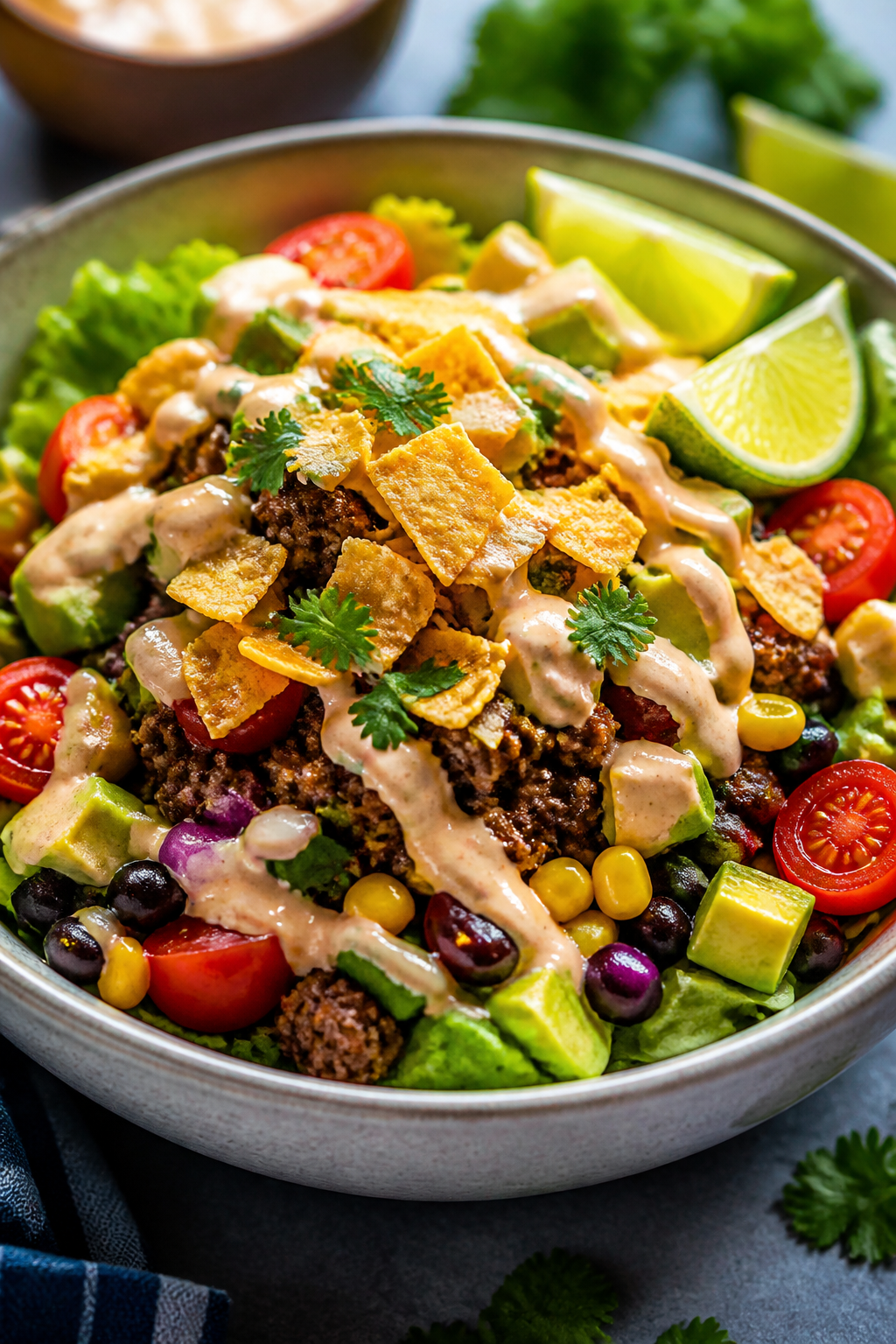Final plated hero: Beautifully plated taco salad bowl with the creamy yogurt–salsa “dressing” 