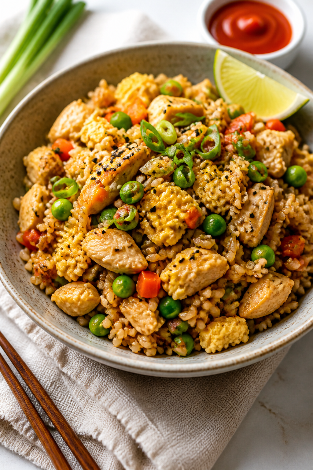 Final plated hero: Restaurant-quality bowl of Protein Packed Chicken Fried Rice served in a wide, sh