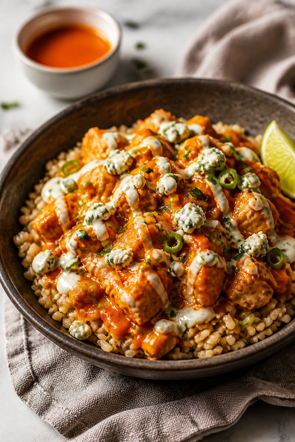 Final plated hero: Restaurant-quality Buffalo Chicken Rice Bowl presented in a shallow charcoal ston