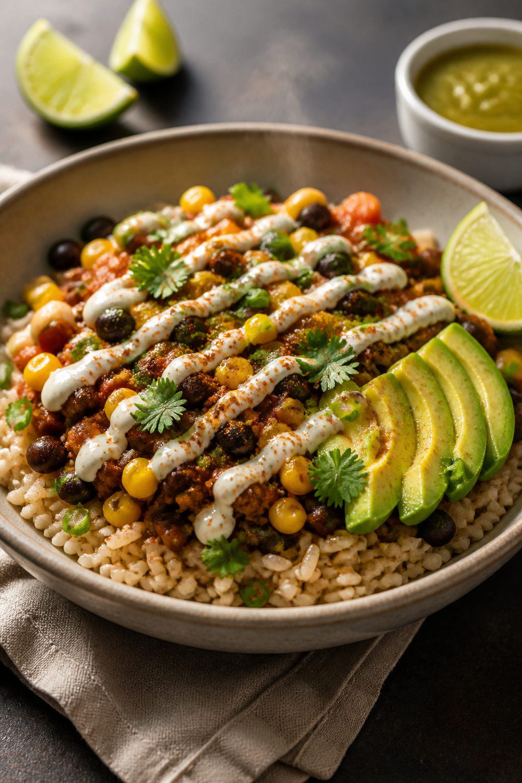 Final plated hero — Restaurant-quality presentation: Beautifully plated High Protein Taco Rice Bow
