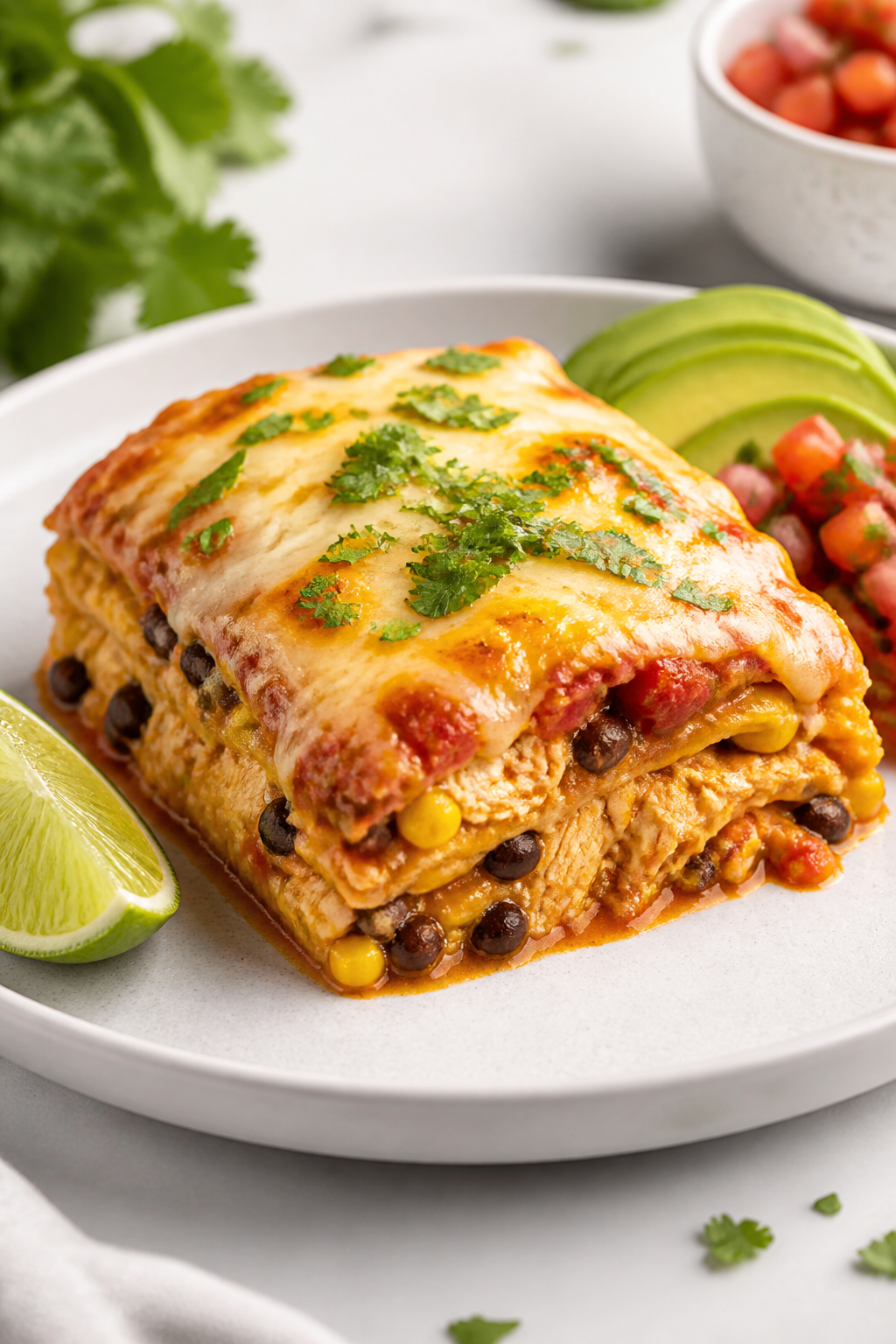 Final plated hero shot: A neatly sliced square of Protein Packed Chicken Taco Casserole on a matte w