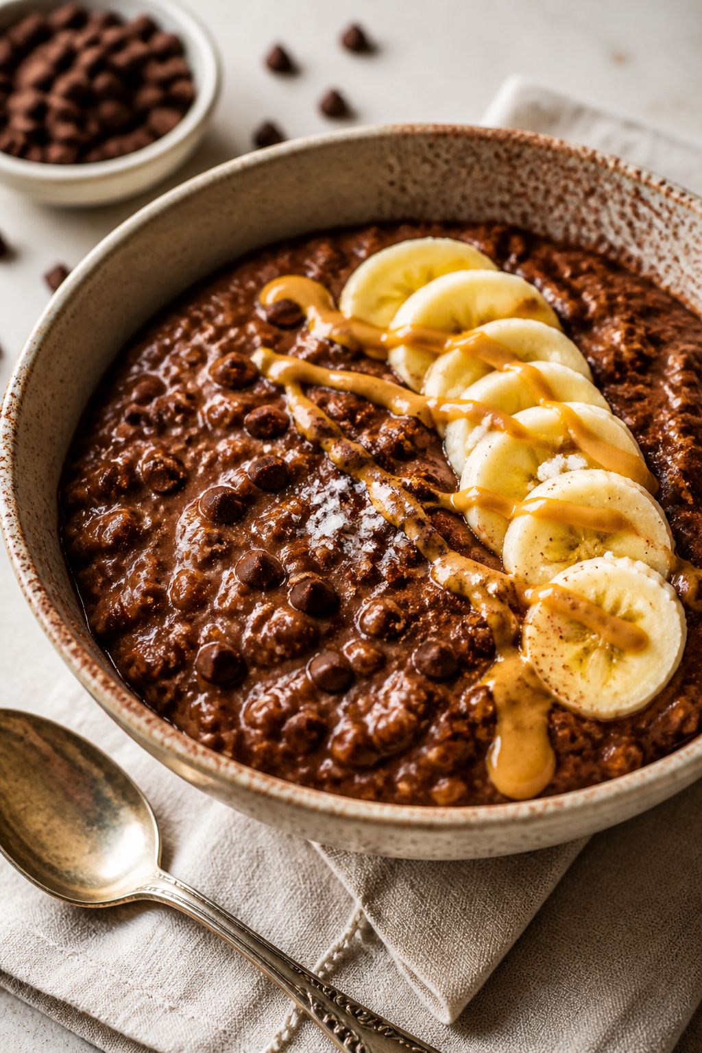 Final plated hero shot: A warm, deep ceramic bowl of double chocolate protein oatmeal, ultra-creamy