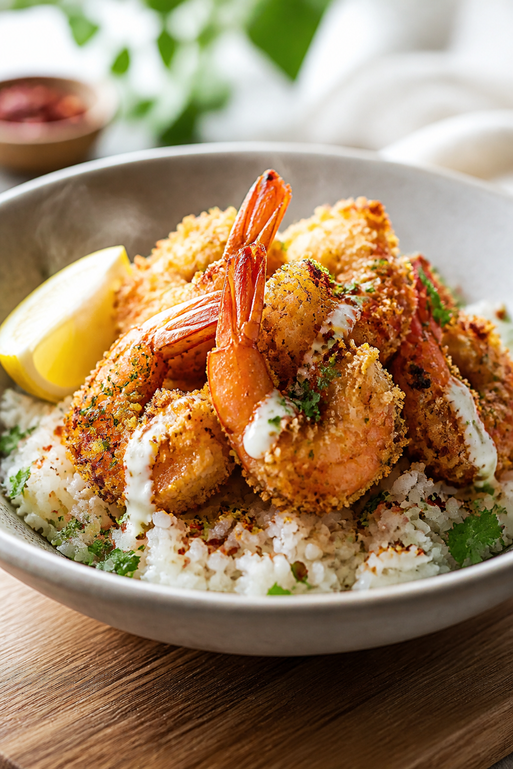 Final plated hero shot at a 45-degree angle: restaurant-quality presentation of a single shrimp bowl