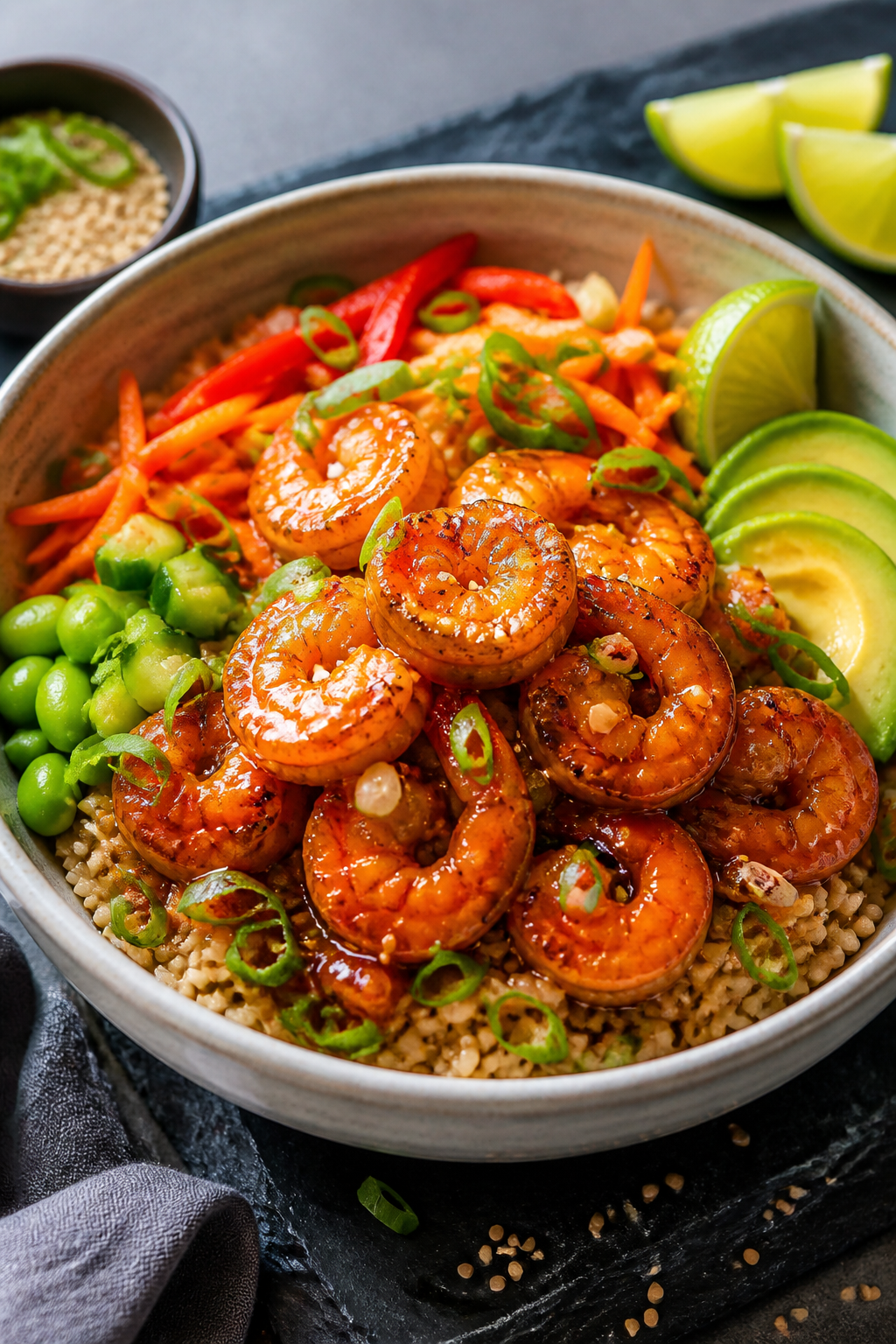 Final plated hero shot: Beautifully plated firecracker shrimp bowl ready to serve—shrimp stacked h