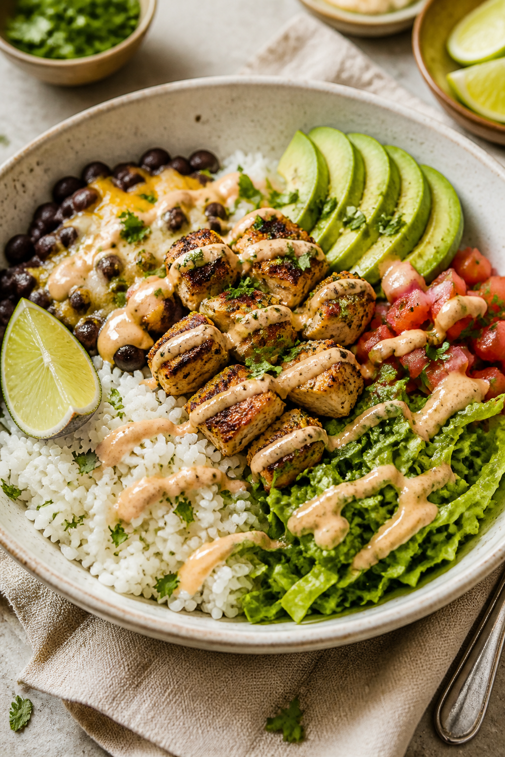 Final plated hero shot: Beautifully plated Loaded Chicken Burrito Bowl, finished with a generous spr