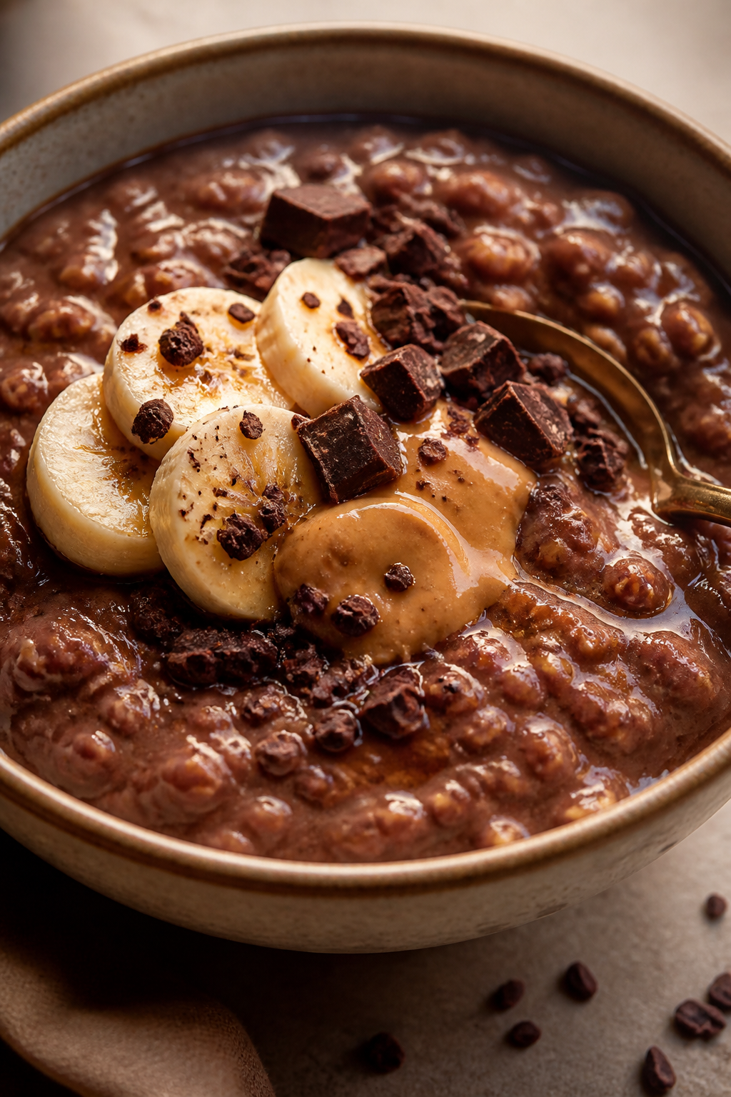 Final plated hero shot (close-up detail): Luxuriously thick, spoonable Chocolate Banana Protein Oatm