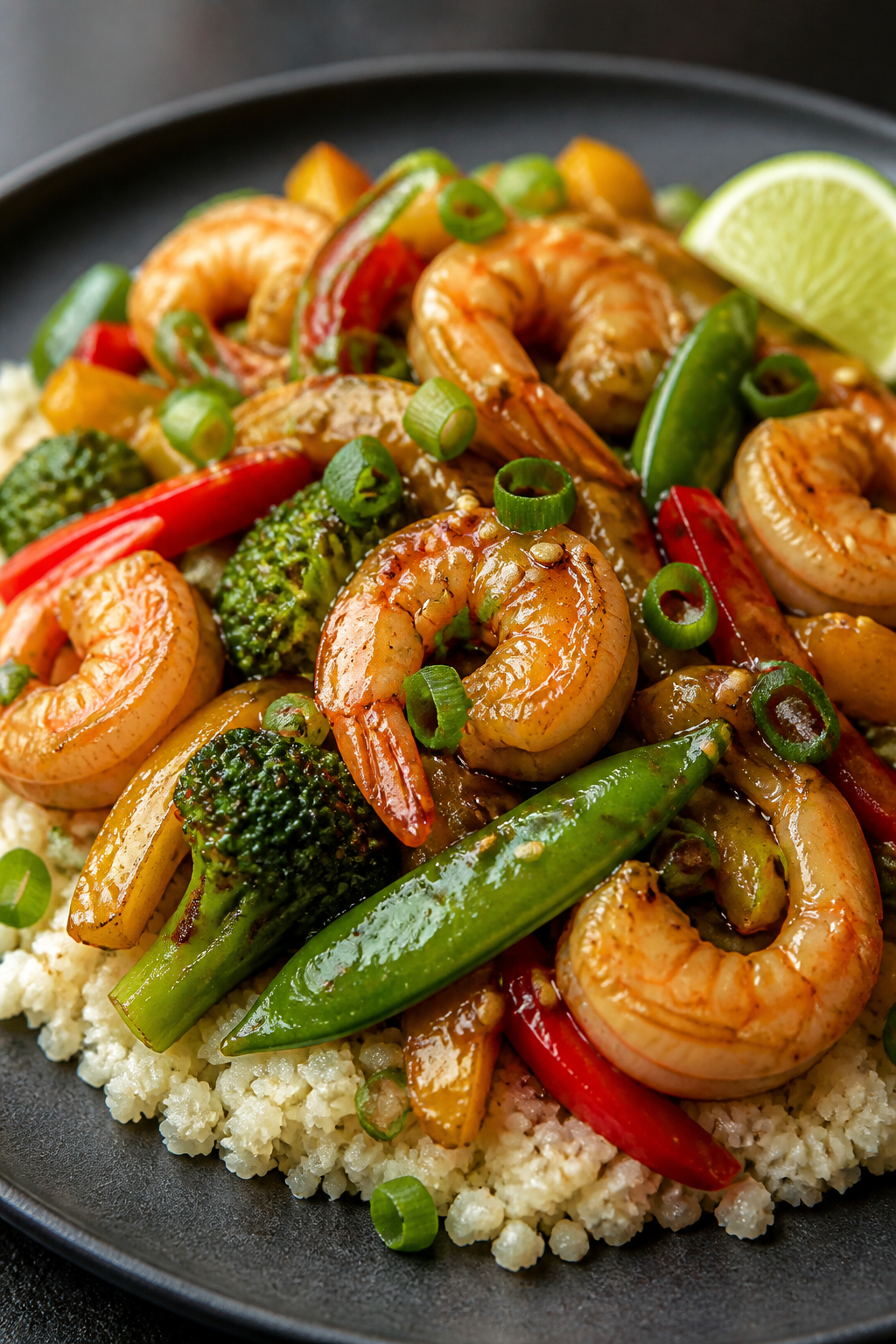 Final plated hero shot, close-up: Restaurant-quality plate of shrimp and veggie stir fry served over