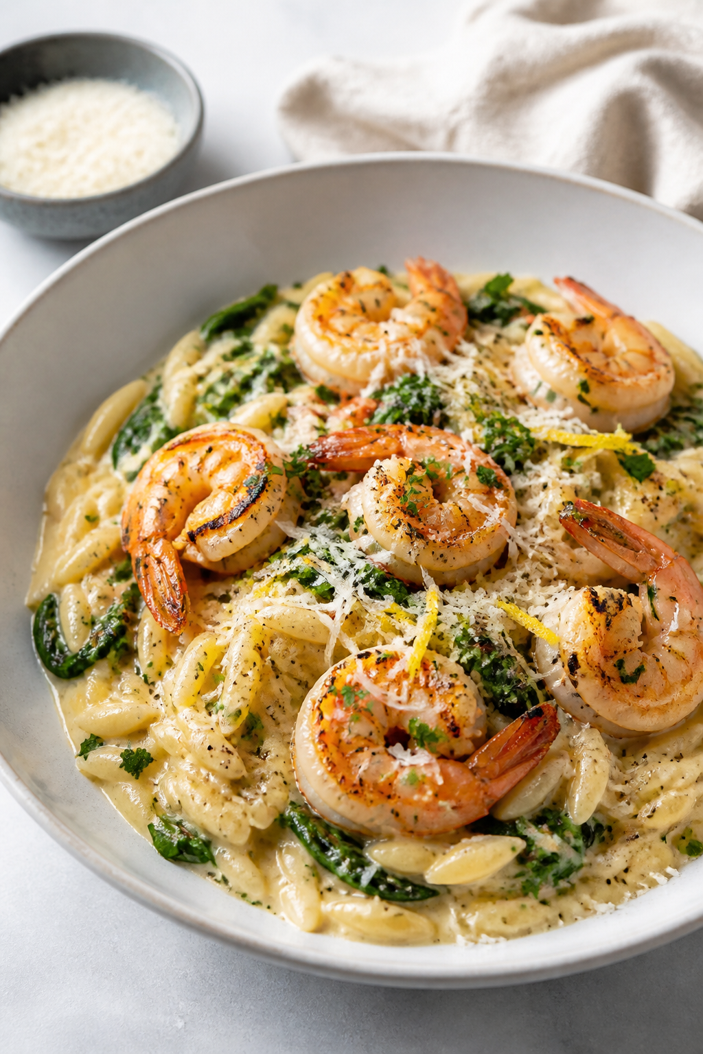 Final plated hero shot: Creamy Shrimp Protein Orzo twirled into a shallow white ceramic bowl, topped