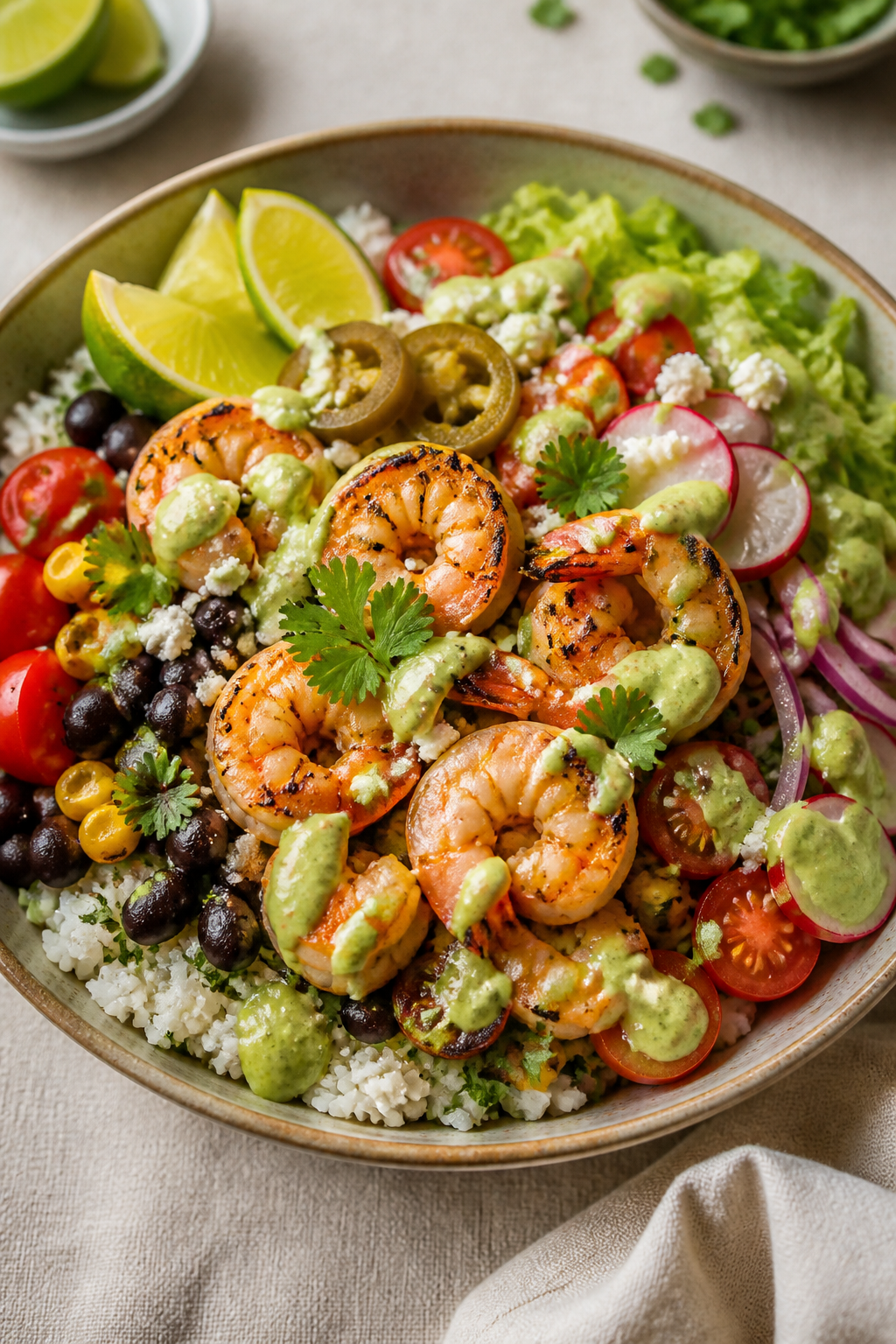 Final plated hero shot: Spicy Shrimp Taco Bowl artfully arranged in a wide, shallow ceramic bowl—f