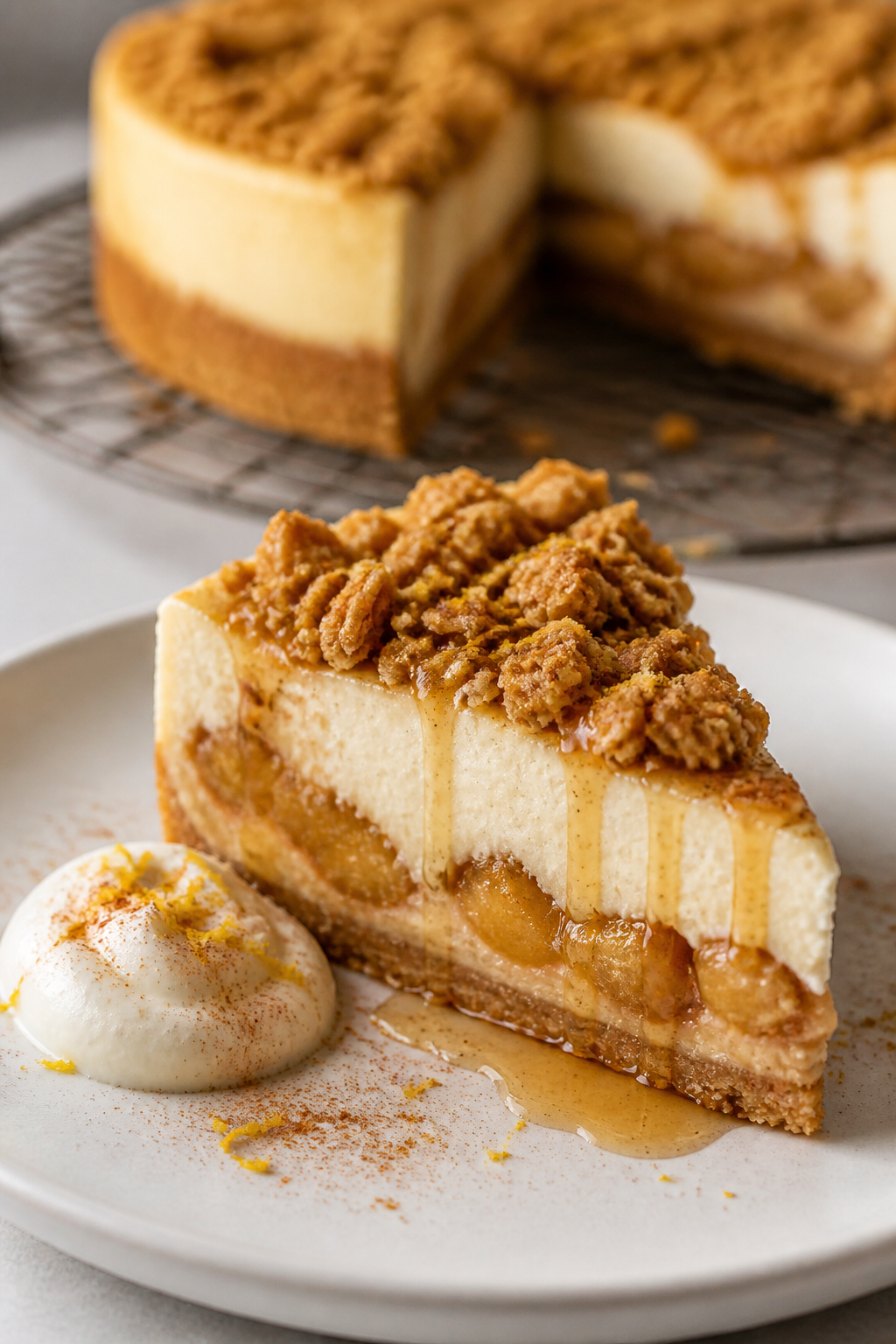 Final plated hero slice: A clean, precise slice of Apple Crumble Protein Cheesecake on a matte white