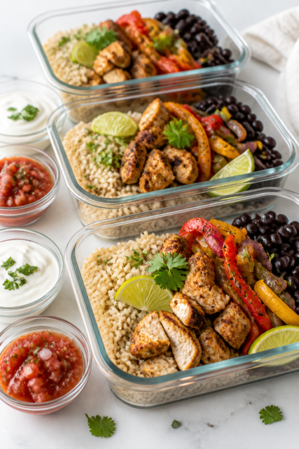 Final plated — meal-prep lineup with garnish details: Three rectangular glass meal-prep containers