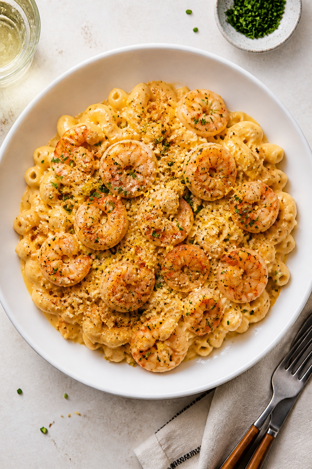 Final plated, overhead: High Protein Shrimp Mac and Cheese served in a wide, shallow white bowl; ove