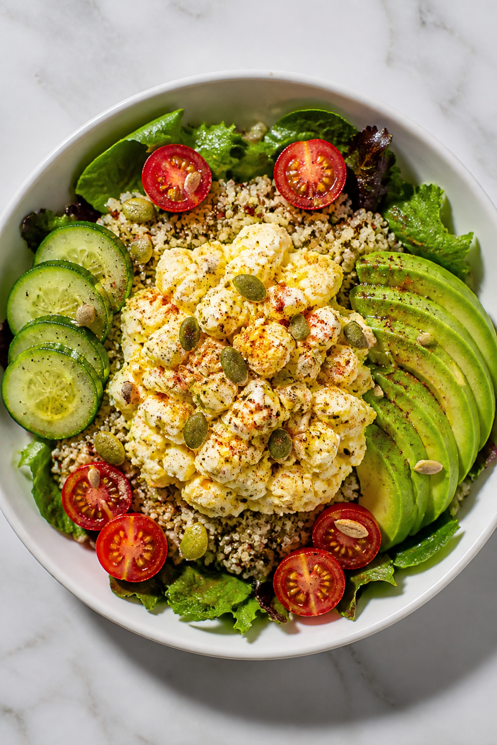 Final plated overhead: Loaded Egg Salad Protein Bowl assembled in a shallow white bowl over mixed gr