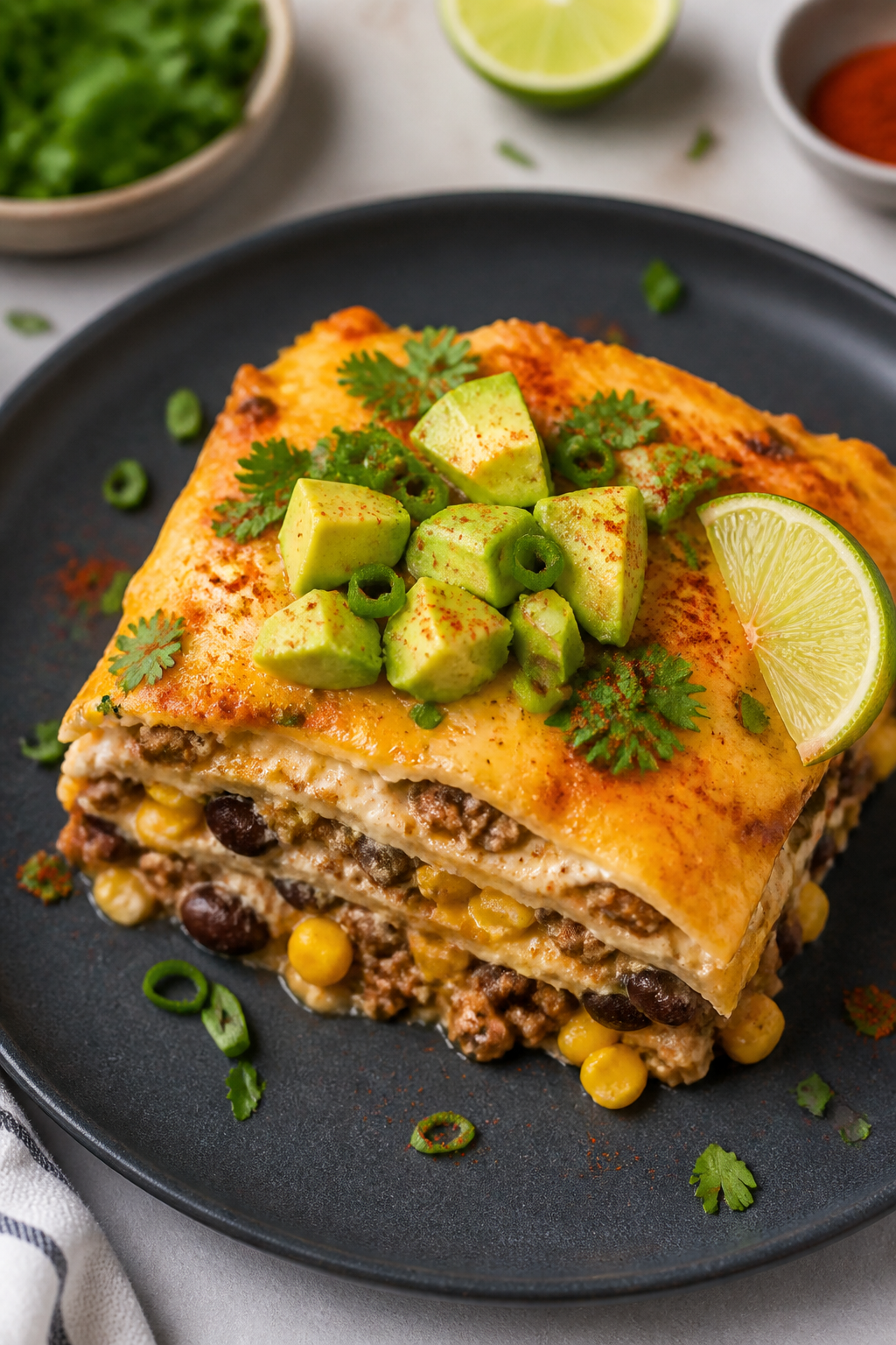 Final plated presentation: A generous square of High Protein Mexican Casserole neatly lifted and pla