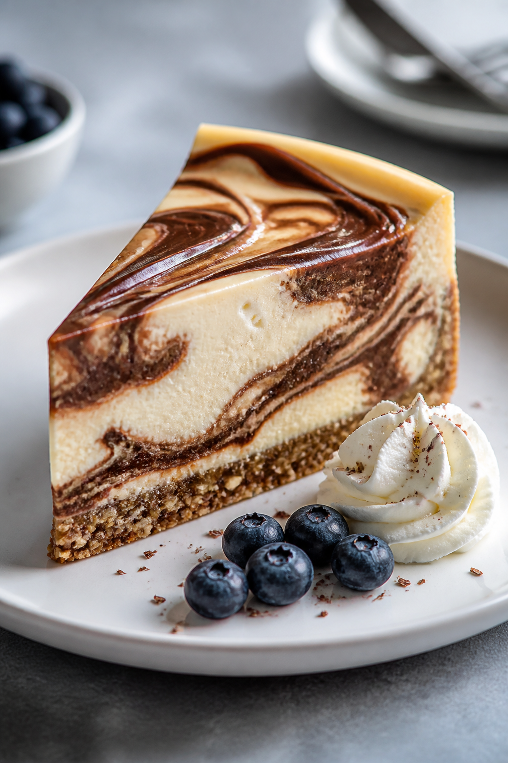Final plated presentation: A neat slice of High Protein Fudge Swirl Cheesecake on a matte white plat