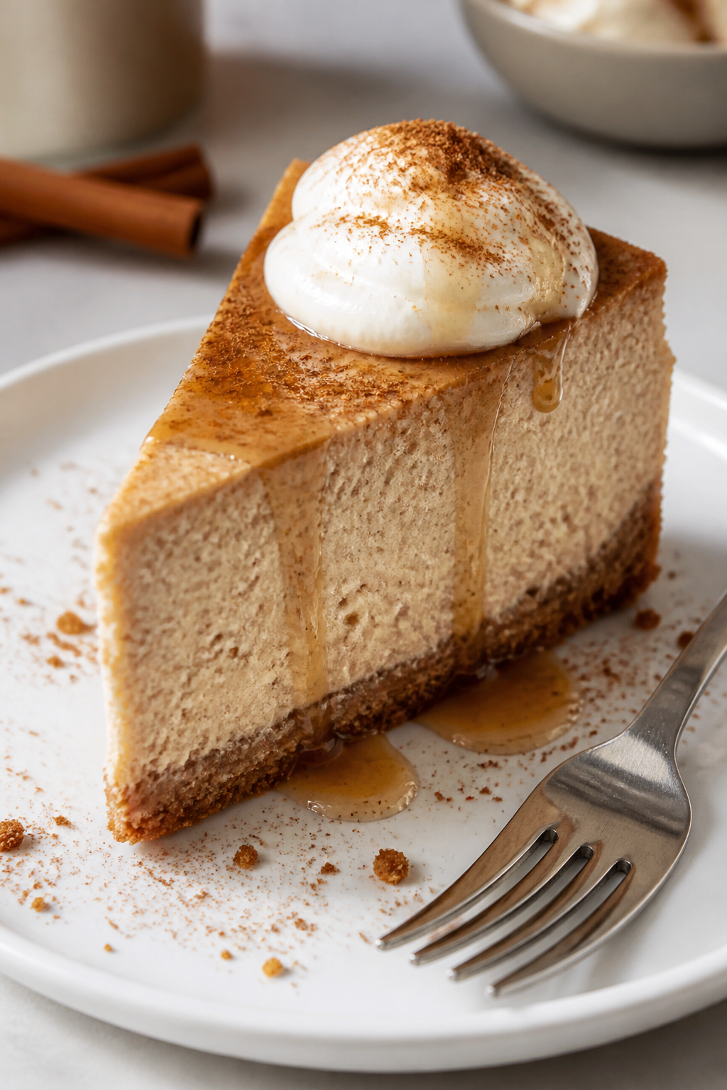 Final plated presentation: A single pristine slice of High Protein Cinnamon Sugar Cheesecake on a si