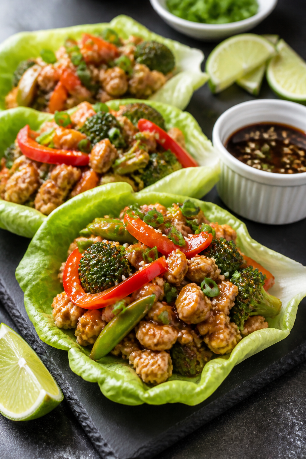 Final plated presentation: Beautifully plated lettuce cups filled with the finished ground turkey st