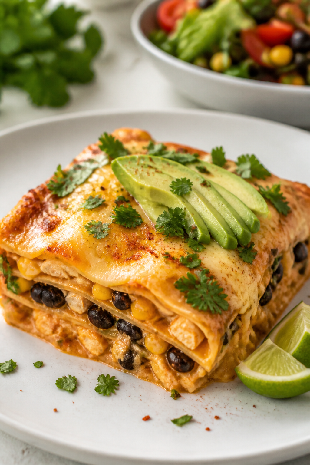 Final plated presentation, close-up: A single square of the enchilada bake plated on a matte white d