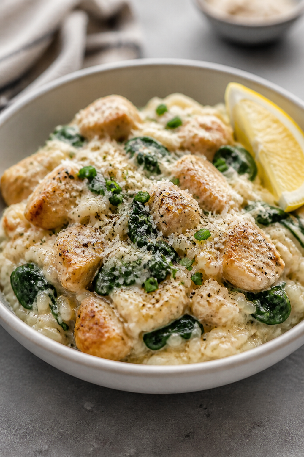 Final plated presentation, close-up: Restaurant-quality bowl of Garlic Parmesan Chicken Rice, spoone