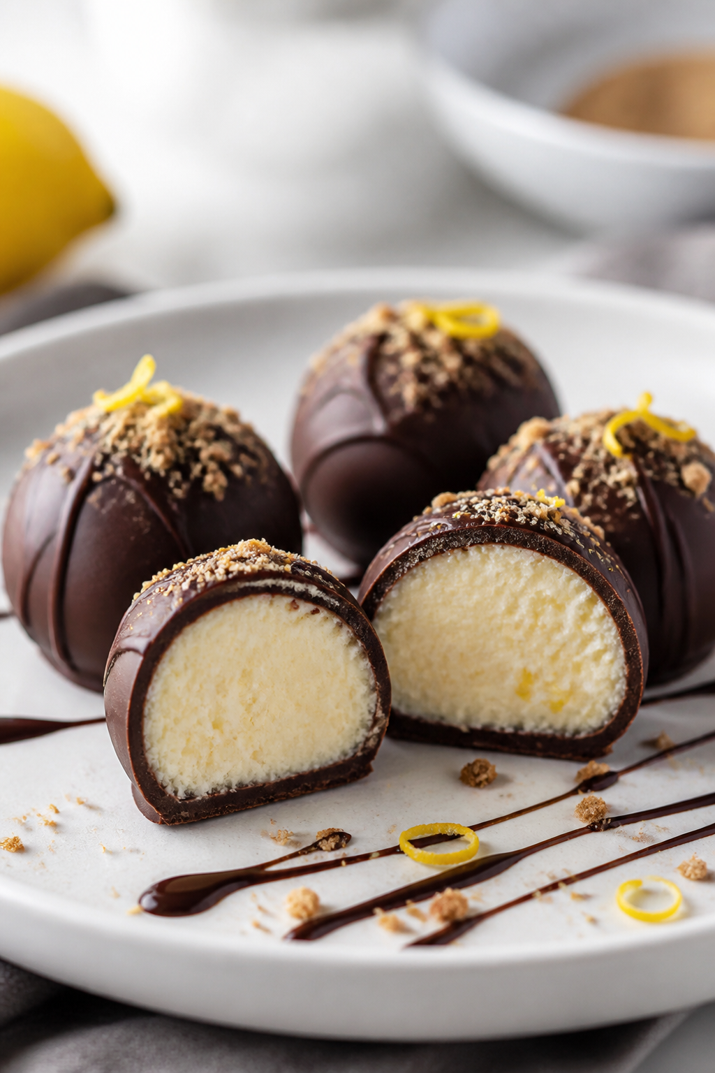 Final plated presentation of the truffles as a dessert: several glossy dark-chocolate–coated chees
