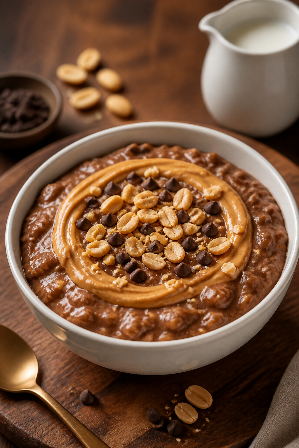 Final plated presentation: Restaurant-quality bowl of peanut butter cup overnight oats, luxuriously