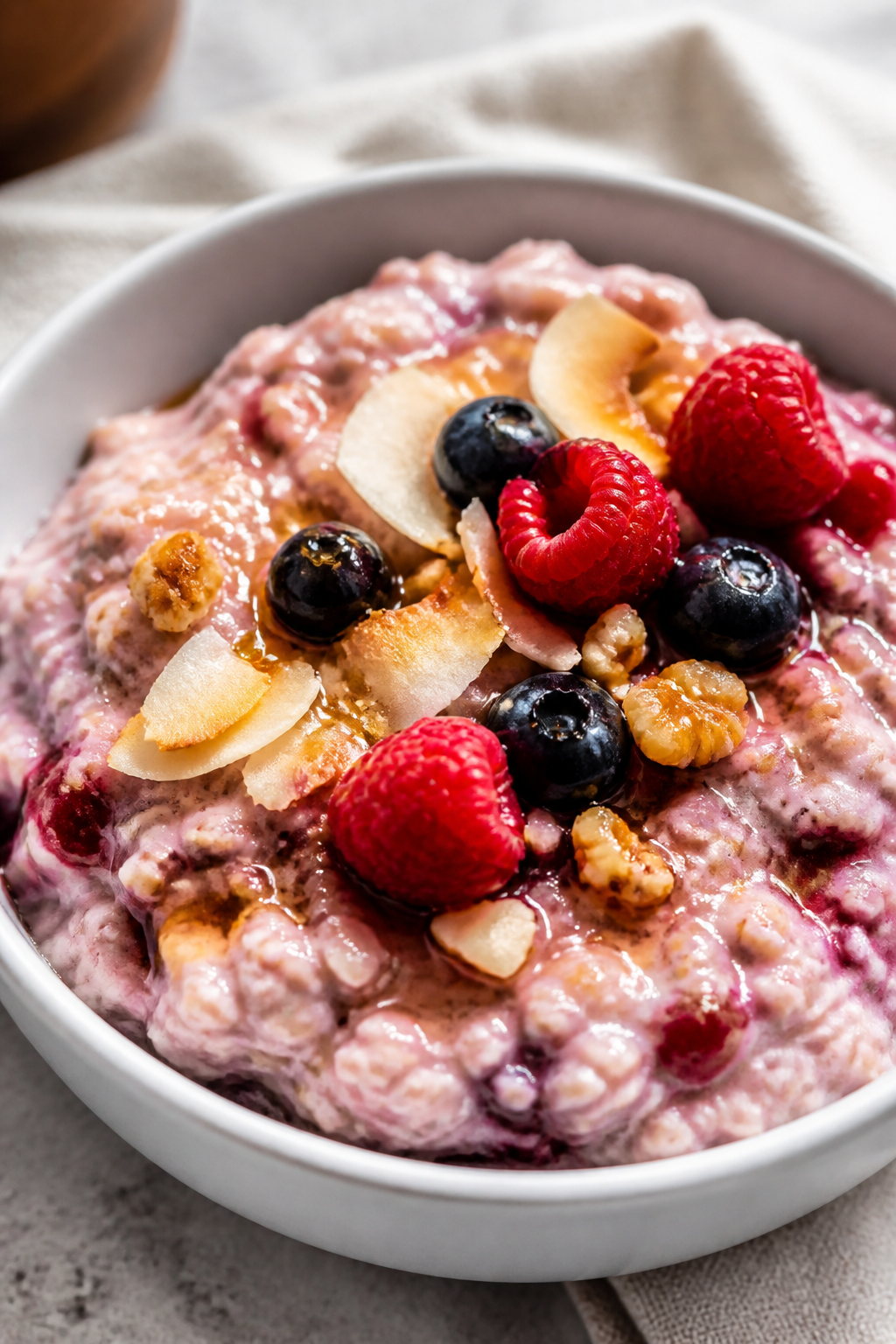 Final plated presentation: Restaurant-quality close-up of the overnight oats spooned into a low, whi
