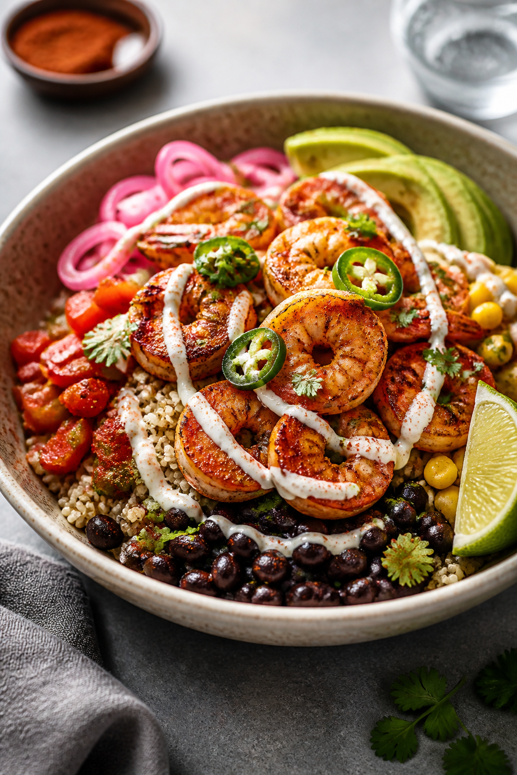 Final plated presentation: Restaurant-quality shrimp burrito bowl styled for the table—quinoa base