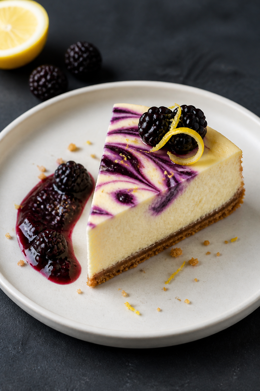 Final plated presentation: Restaurant-quality single slice of high-protein blackberry lemon cheeseca