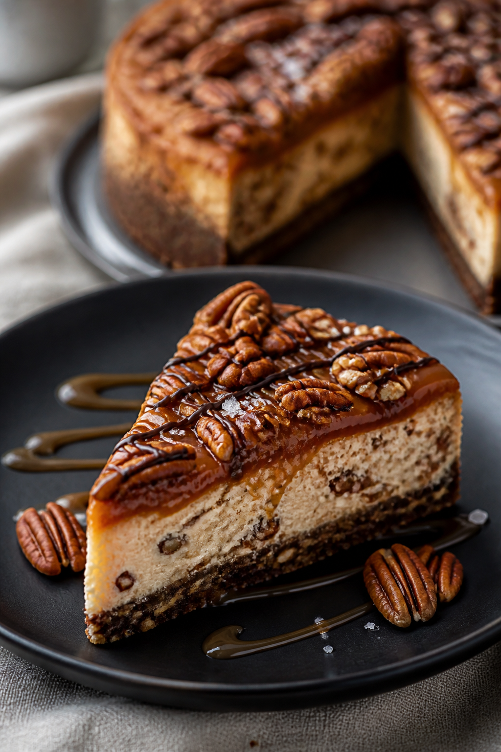 Final plated presentation: Restaurant-quality slice of Turtle Pecan Cheesecake served on a matte bla