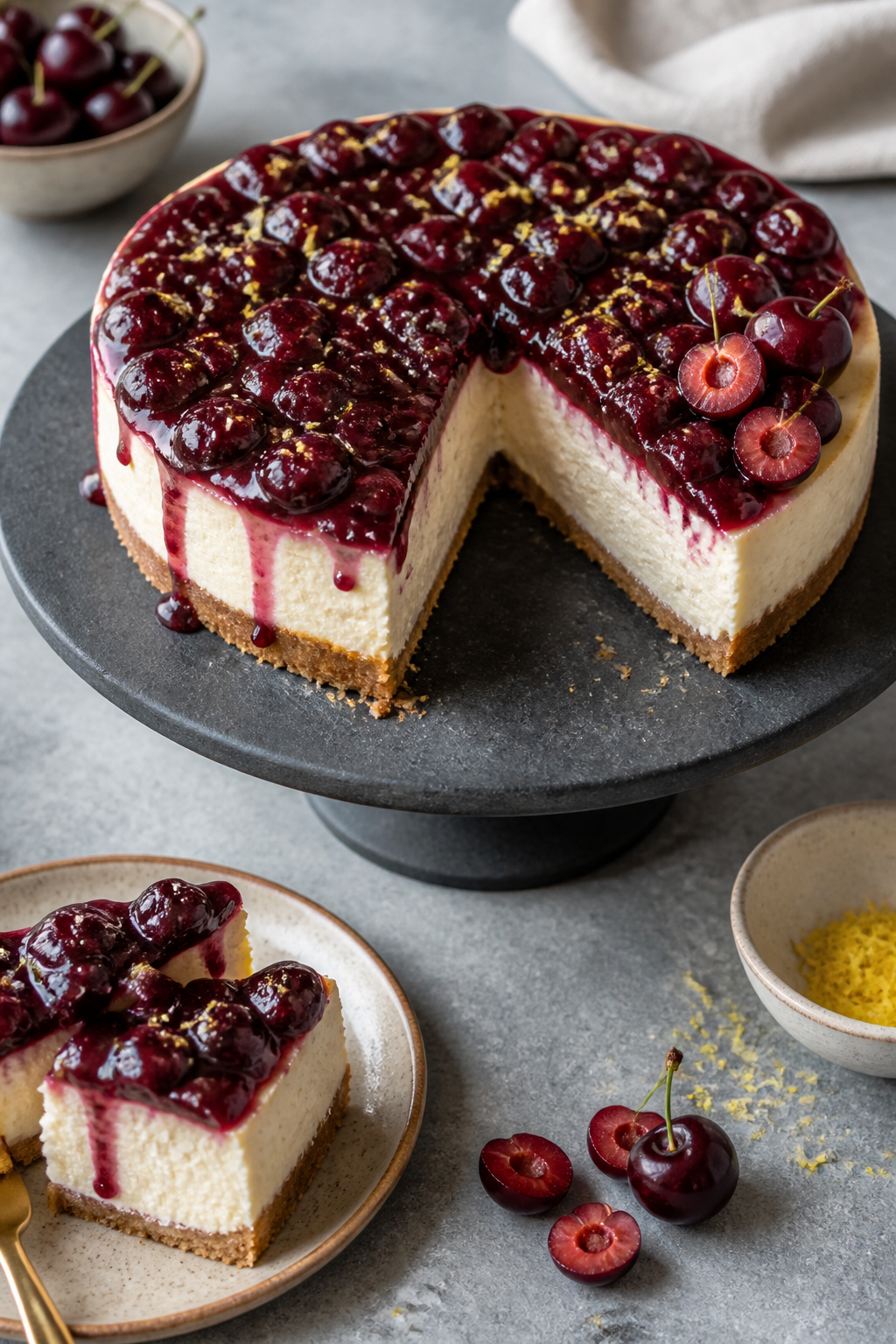 Final plated presentation: Restaurant-quality whole cheesecake chilled and topped with a generous la
