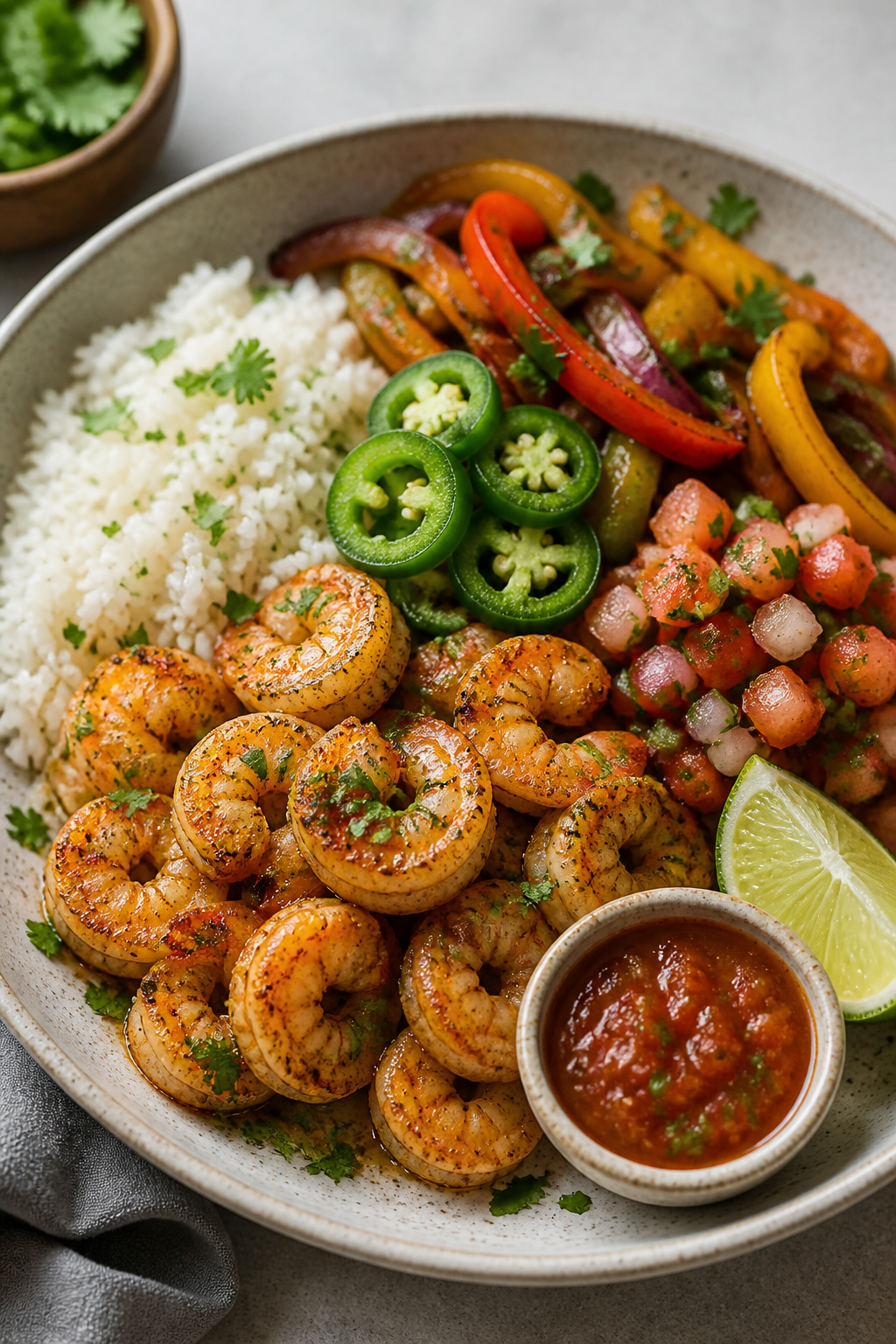 Final plated, restaurant-quality presentation: Beautifully plated Shrimp Fajita Rice Bowl in a wide,