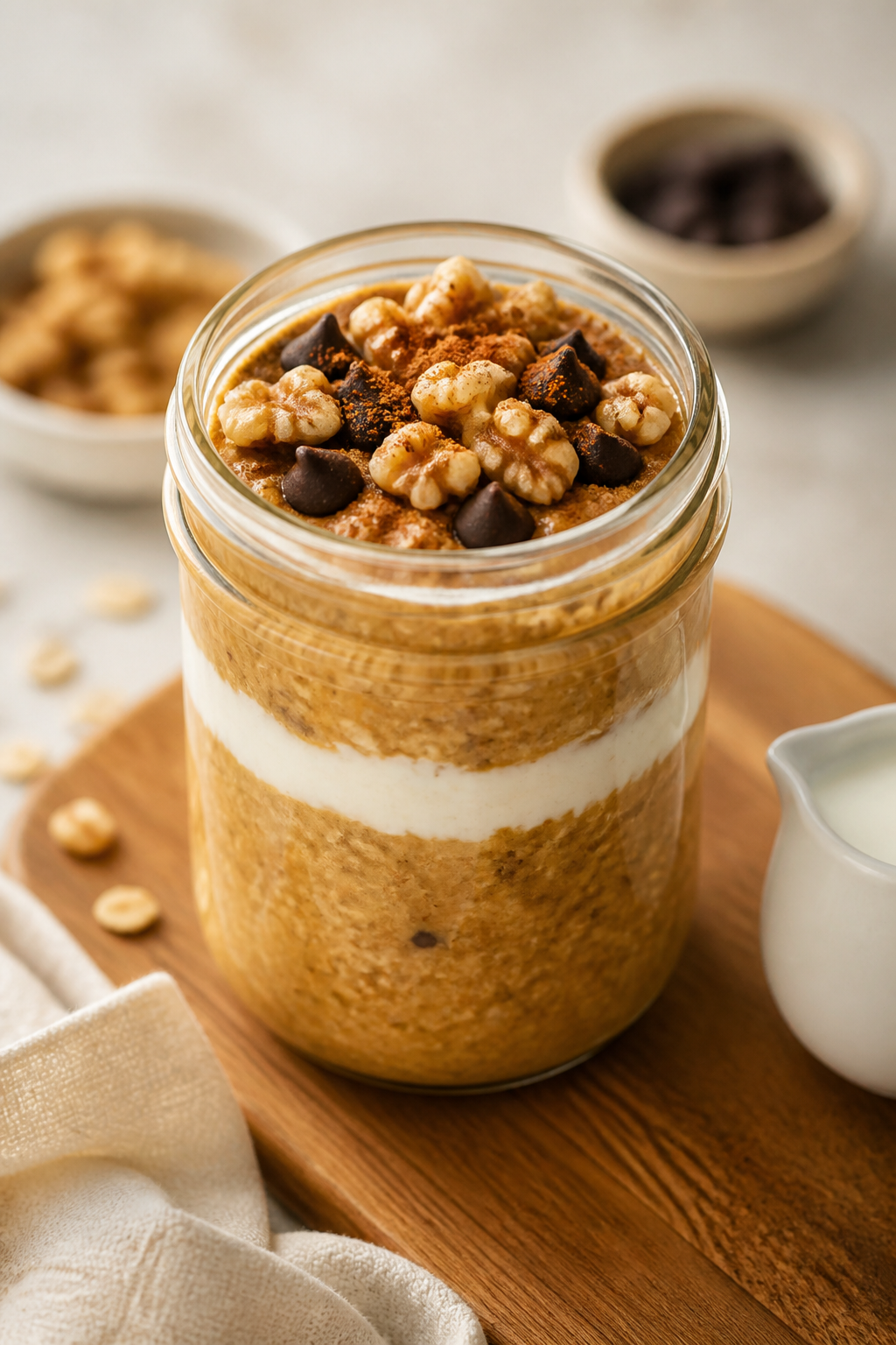 Final plated, restaurant-quality presentation: Pumpkin Spice High Protein Overnight Oats layered in 