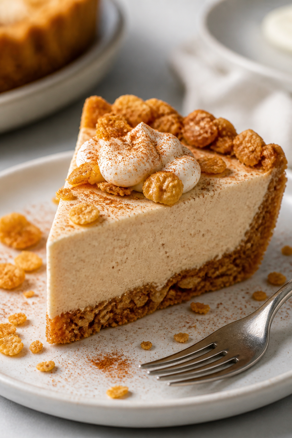 Final plated slice, three-quarter angle close-up: a tall, clean-cut wedge showing the creamy, pale f