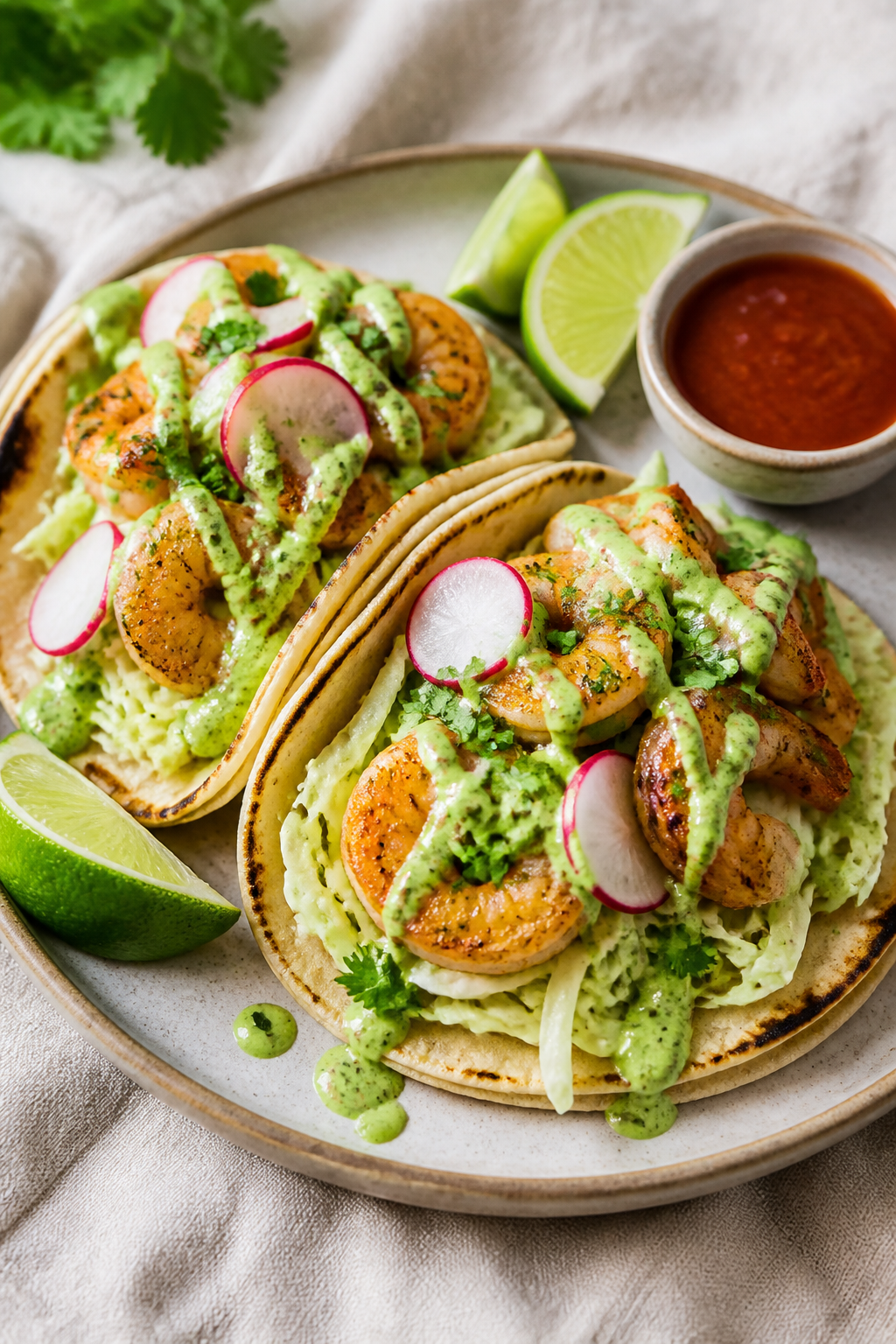 Final plated taco, beauty shot: Two assembled high-protein shrimp tacos on lightly charred corn tort